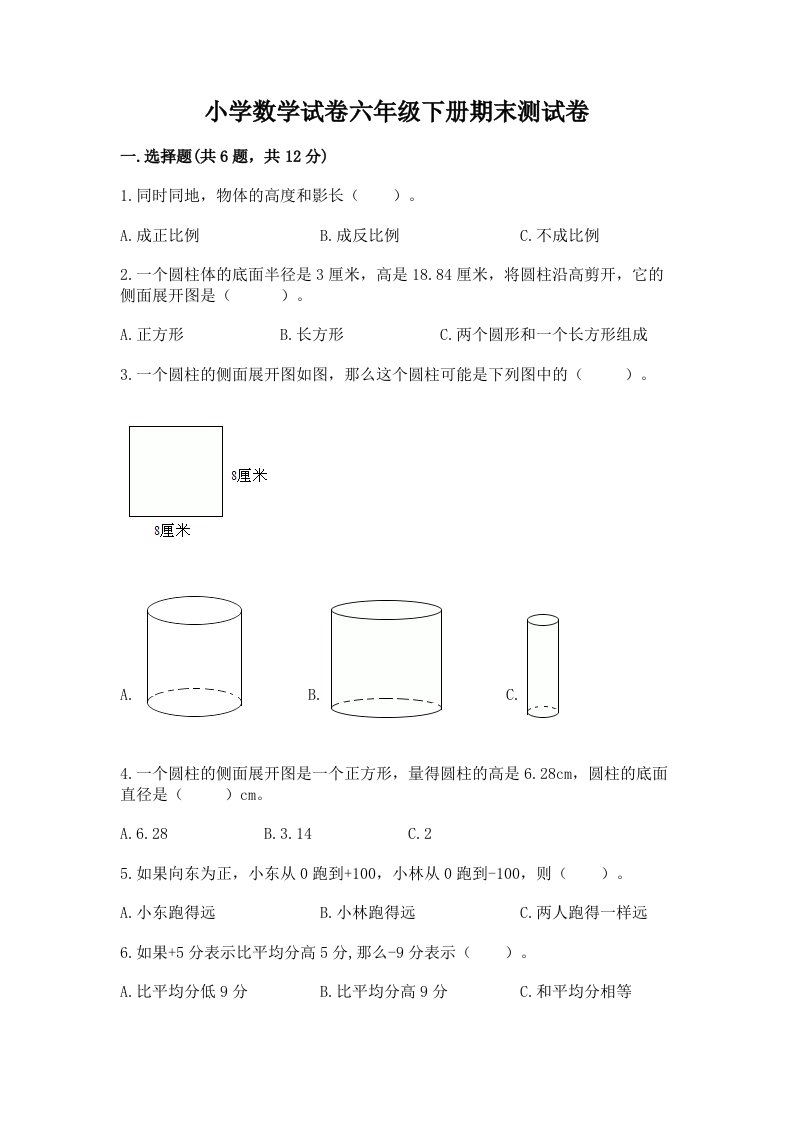 小学数学试卷六年级下册期末测试卷及答案【有一套】