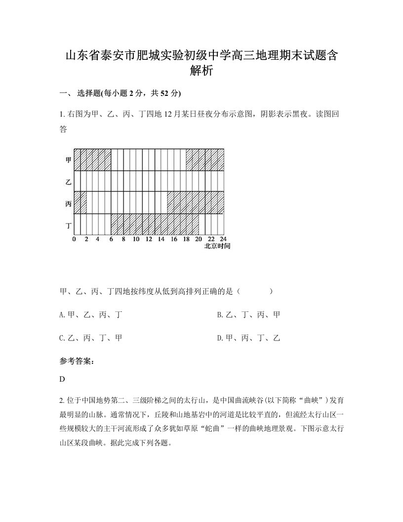 山东省泰安市肥城实验初级中学高三地理期末试题含解析