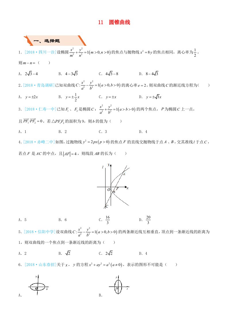 备考2019高考数学二轮复习选择填空狂练十一圆锥曲线文