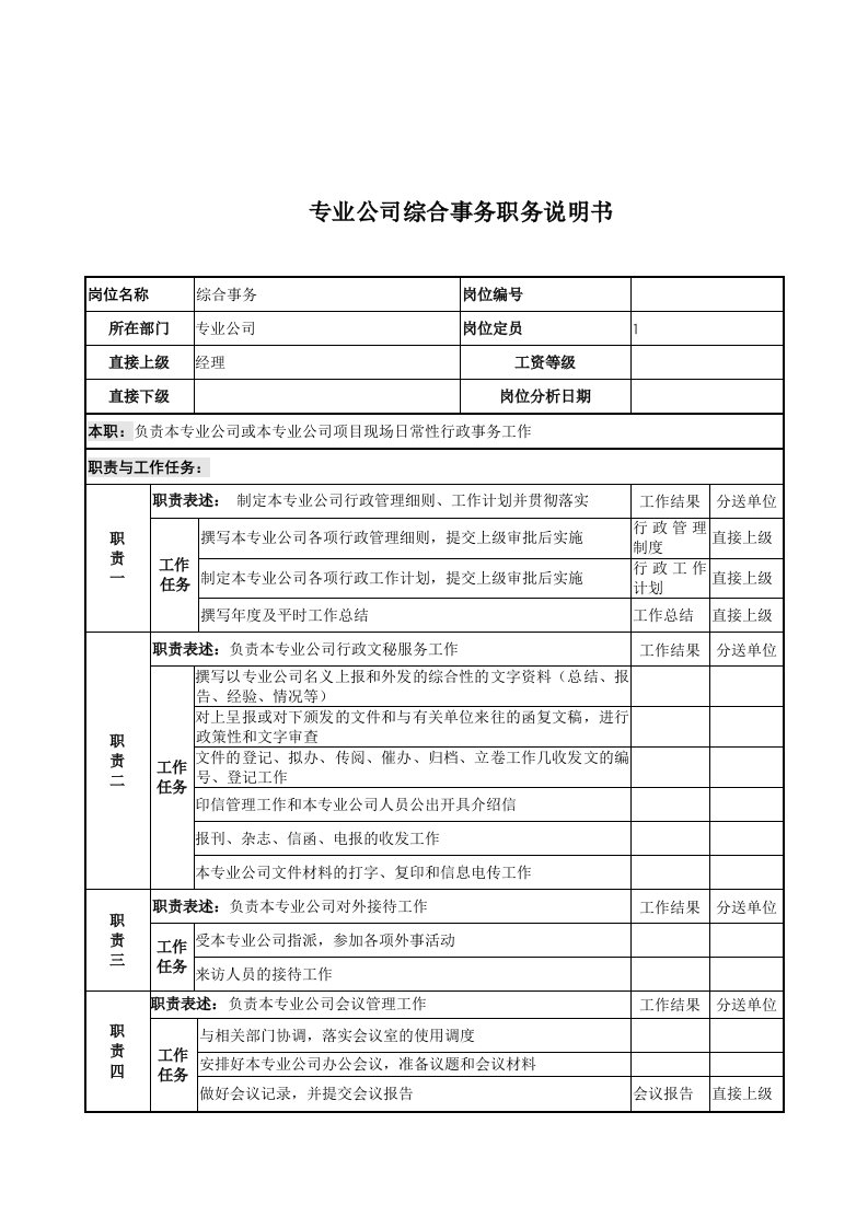 电力行业-电力公司综合事务岗位说明书