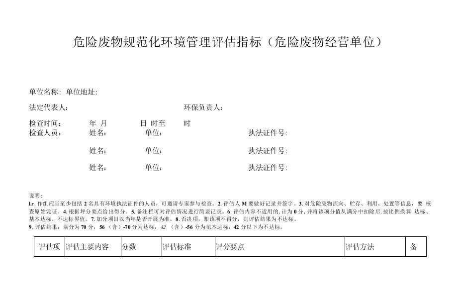 危险废物规范化环境管理评估指标（危险废物经营单位）