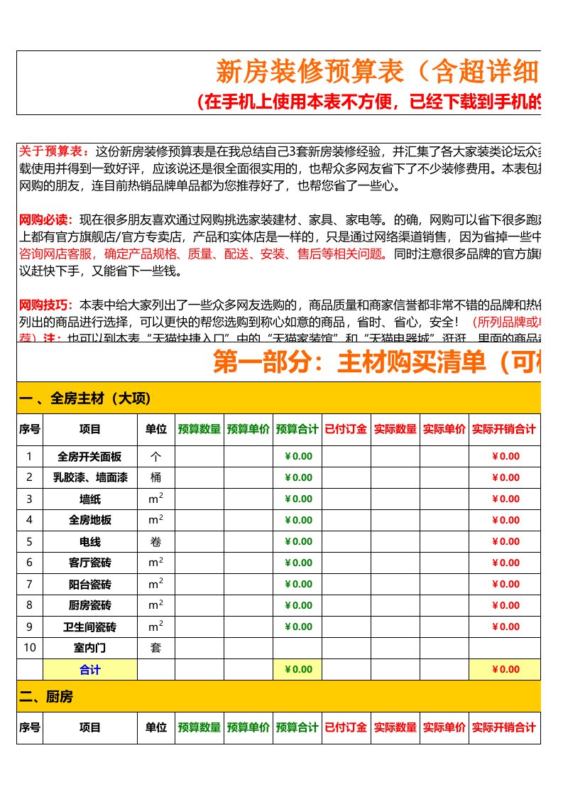 新房装修预算表含超详细的装修用品清单