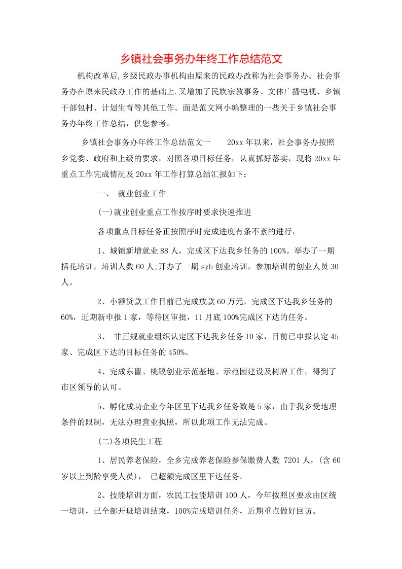 乡镇社会事务办年终工作总结范文