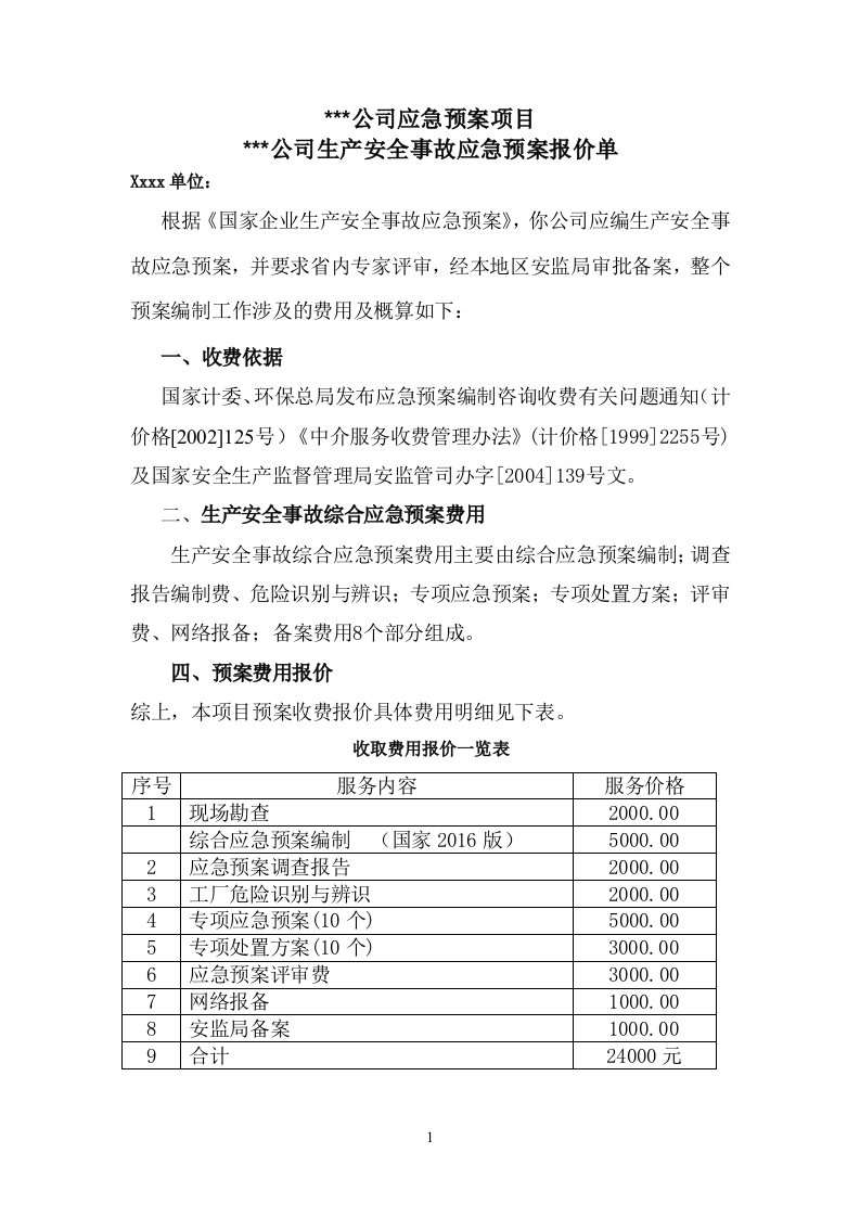 应急预案报价清单