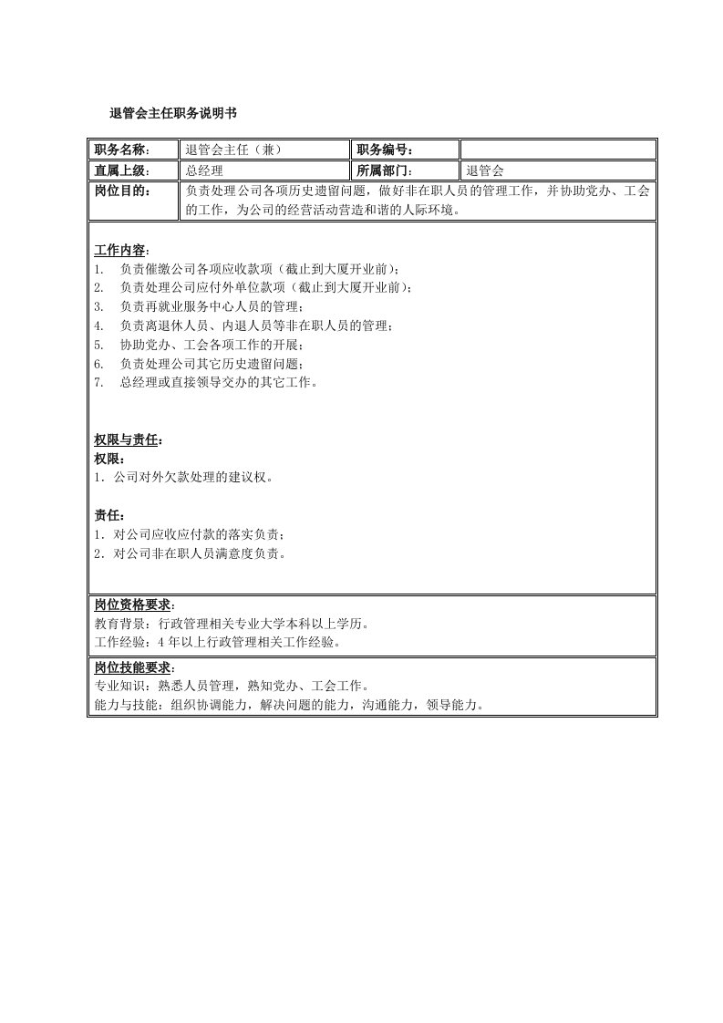 退管会主任职务说明书