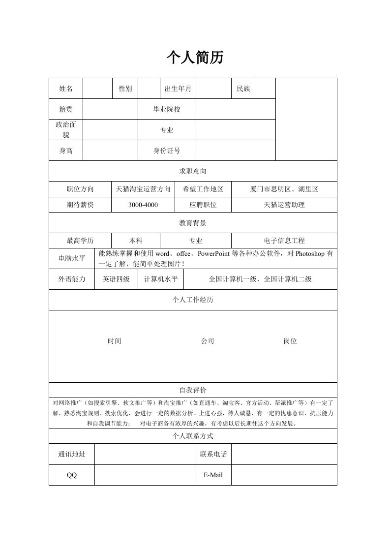 淘宝运营简历模板