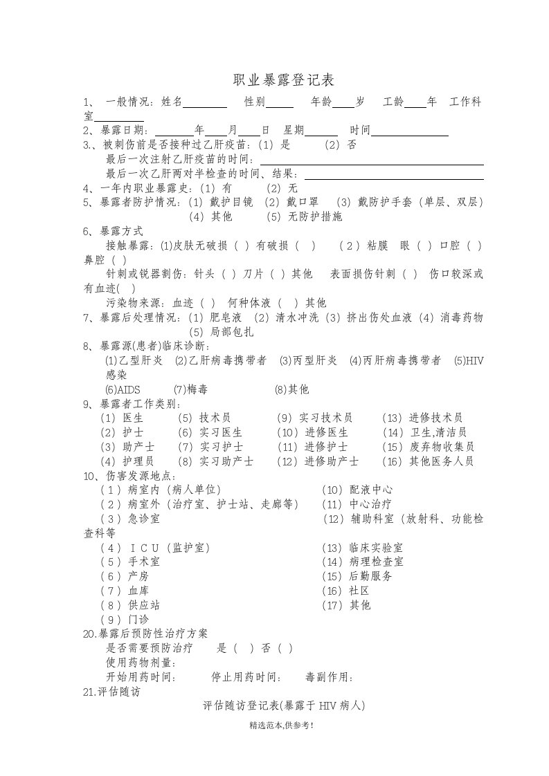 检验科职业暴露登记表