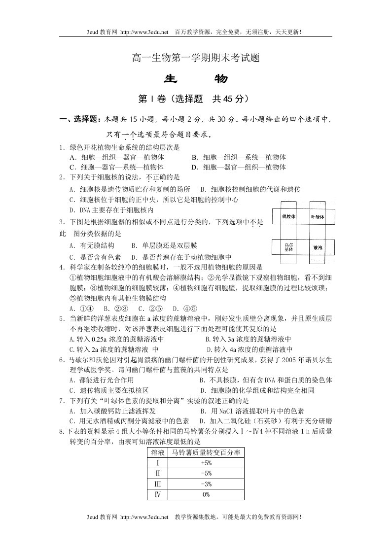 高一生物第一学期期末考试题