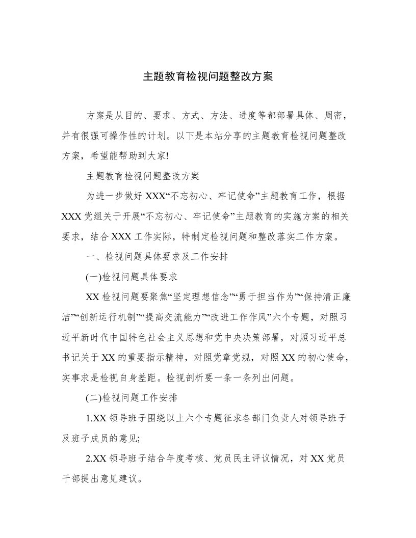 主题教育检视问题整改方案