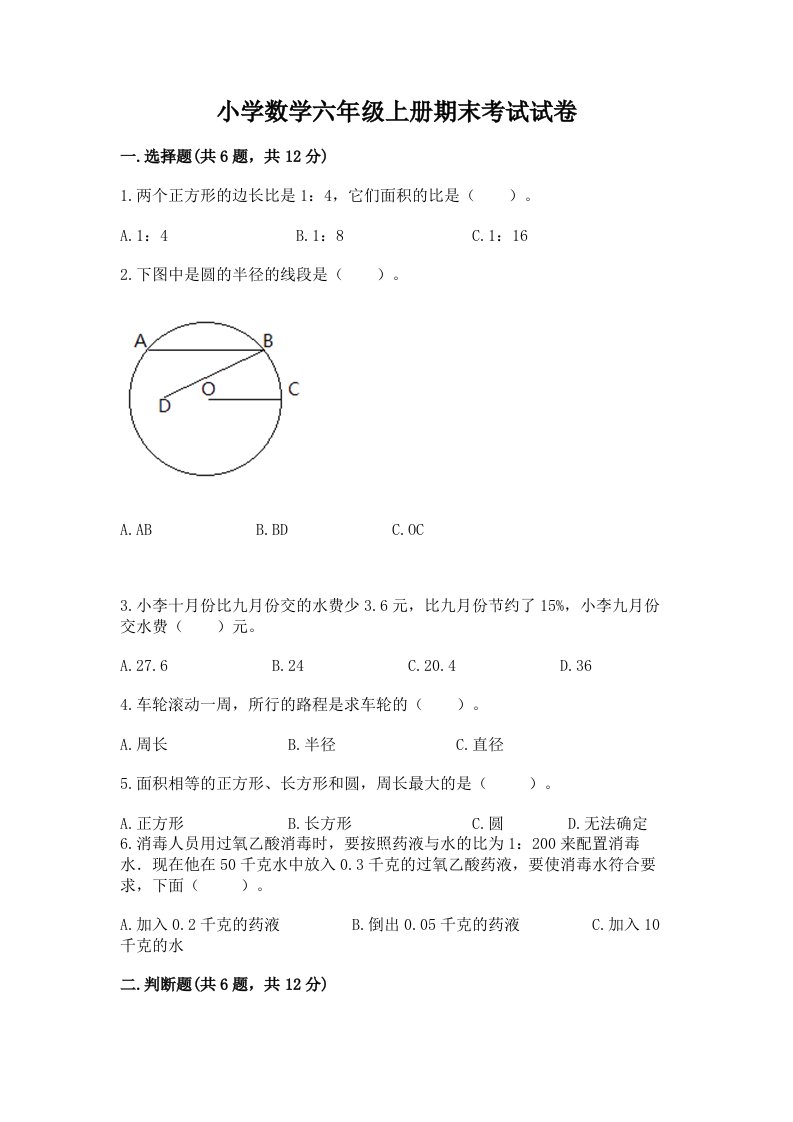 小学数学六年级上册期末考试试卷及答案【夺冠系列】