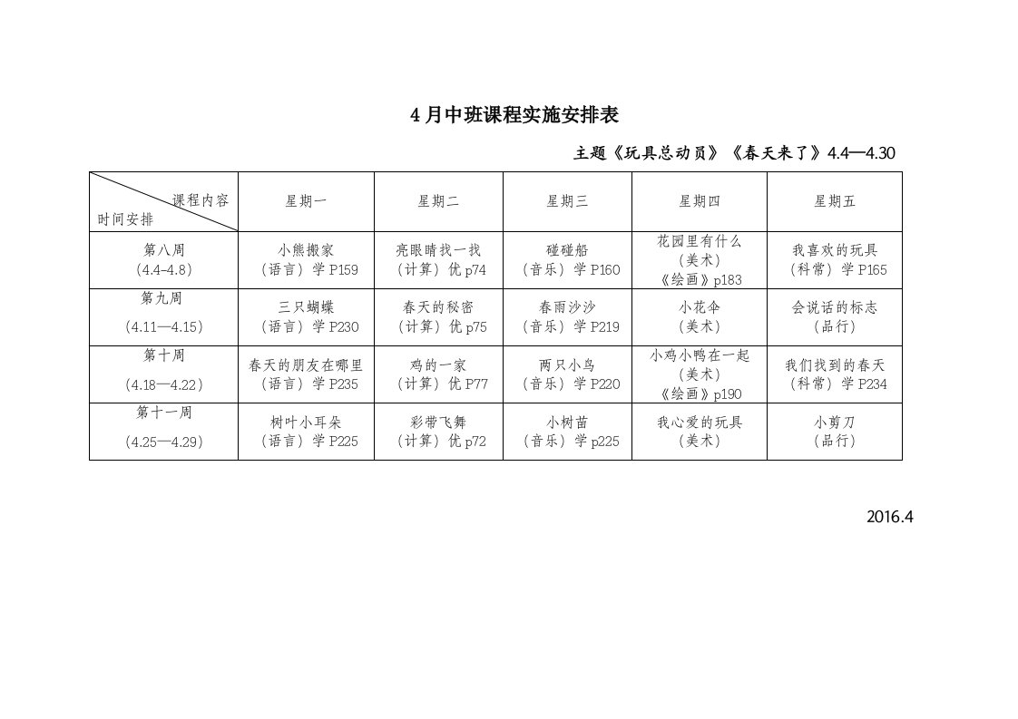 中班课程实施安排