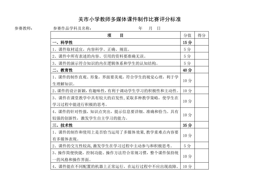 多媒体课件制作比赛方案及评分标准