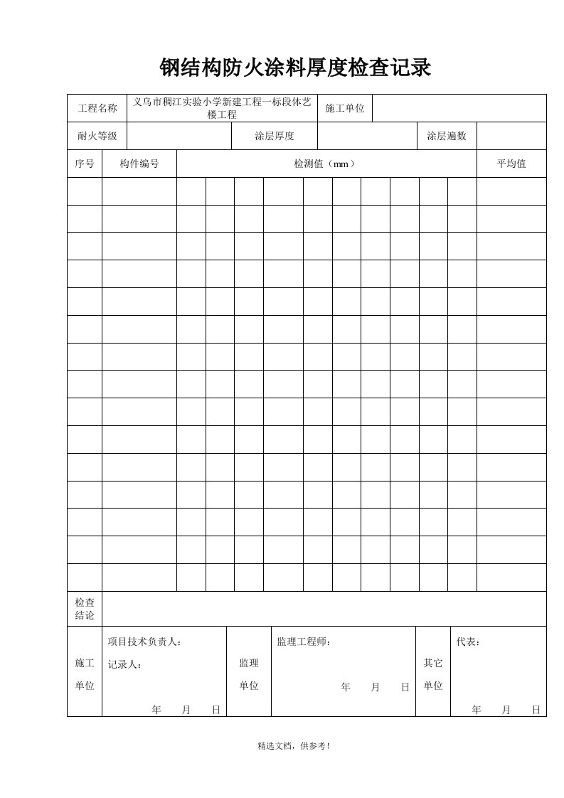 钢结构防火涂料涂层厚度检查记录