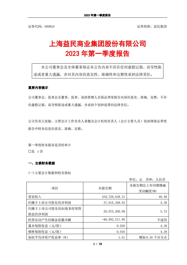 上交所-益民集团2023年第一季度报告-20230424