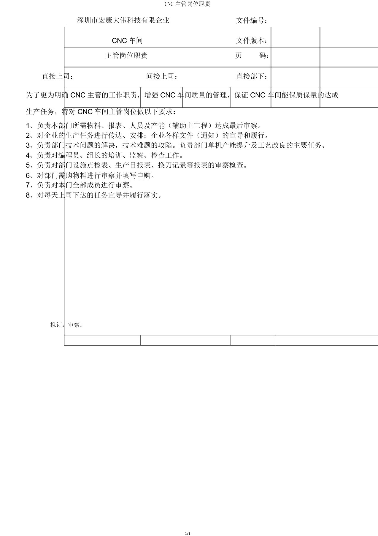 CNC主管岗位职责