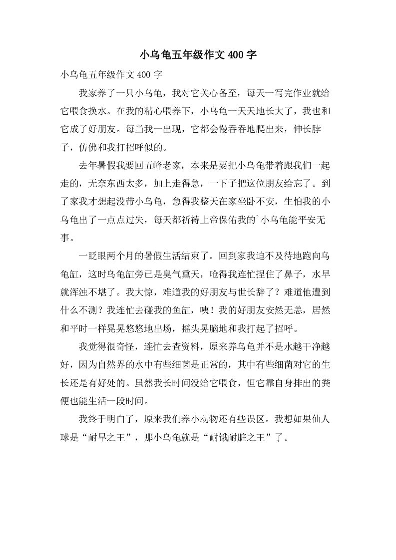 小乌龟五年级作文400字