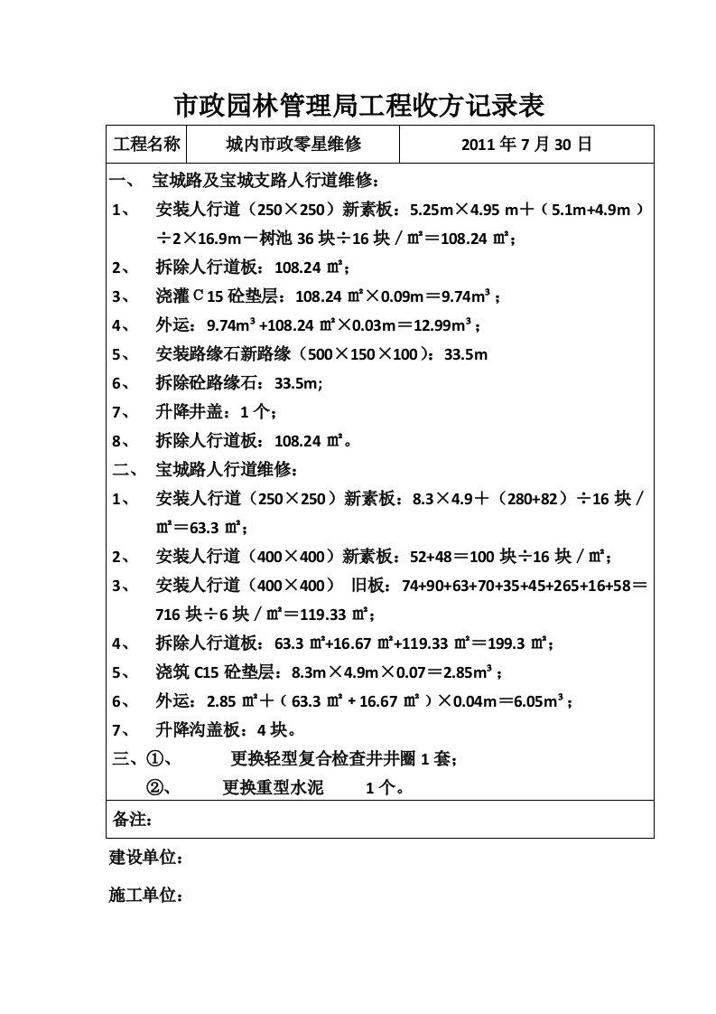 市政园林管理局工程施工收方记录表