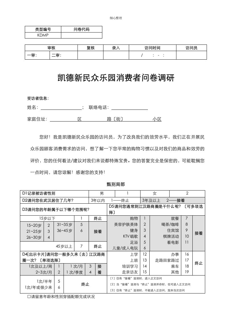 购物中心消费者调研问卷模板