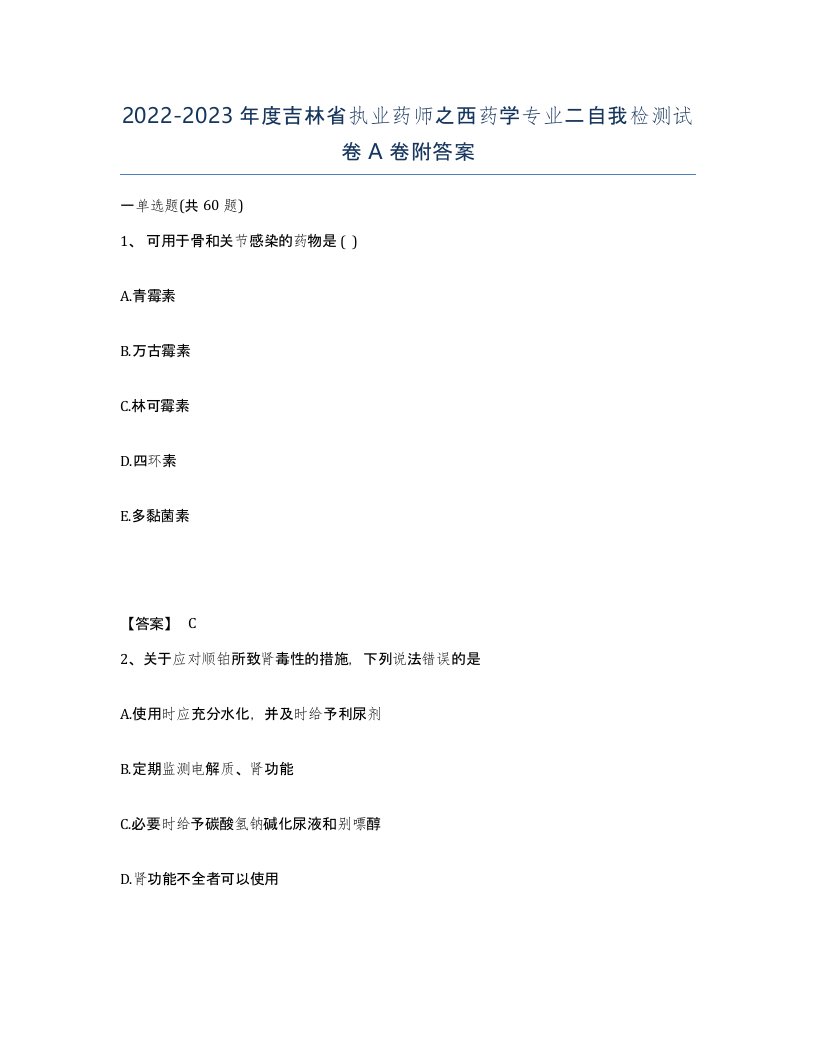 2022-2023年度吉林省执业药师之西药学专业二自我检测试卷A卷附答案