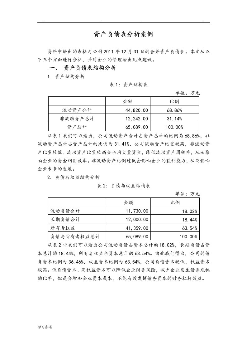 资产负债表分析案例