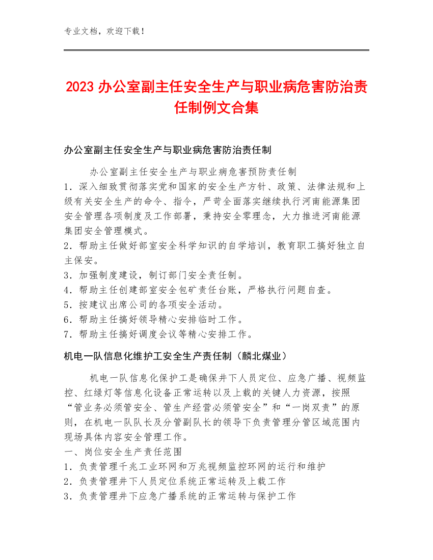 2023办公室副主任安全生产与职业病危害防治责任制例文合集