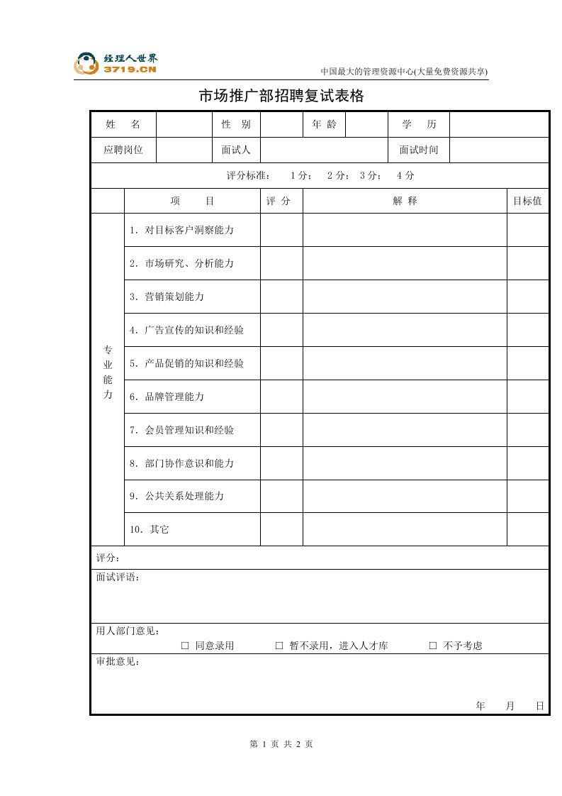 港x旅酒店-市场推广部招聘复试表格(doc)-人事制度表格