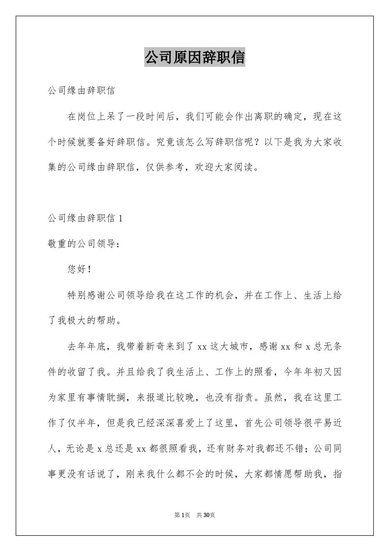 公司原因辞职信例文