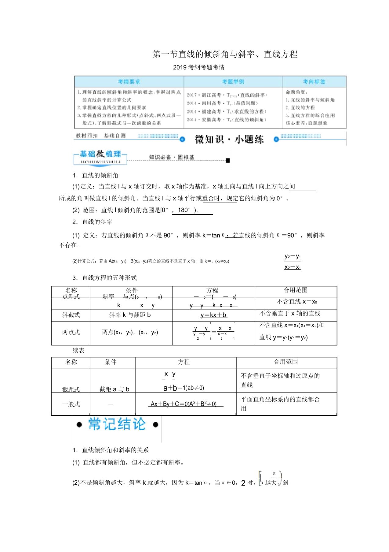 2020版高考数学第八章平面解析几何第一节直线倾斜角与斜率直线方程学案理(含解析)新人教A版