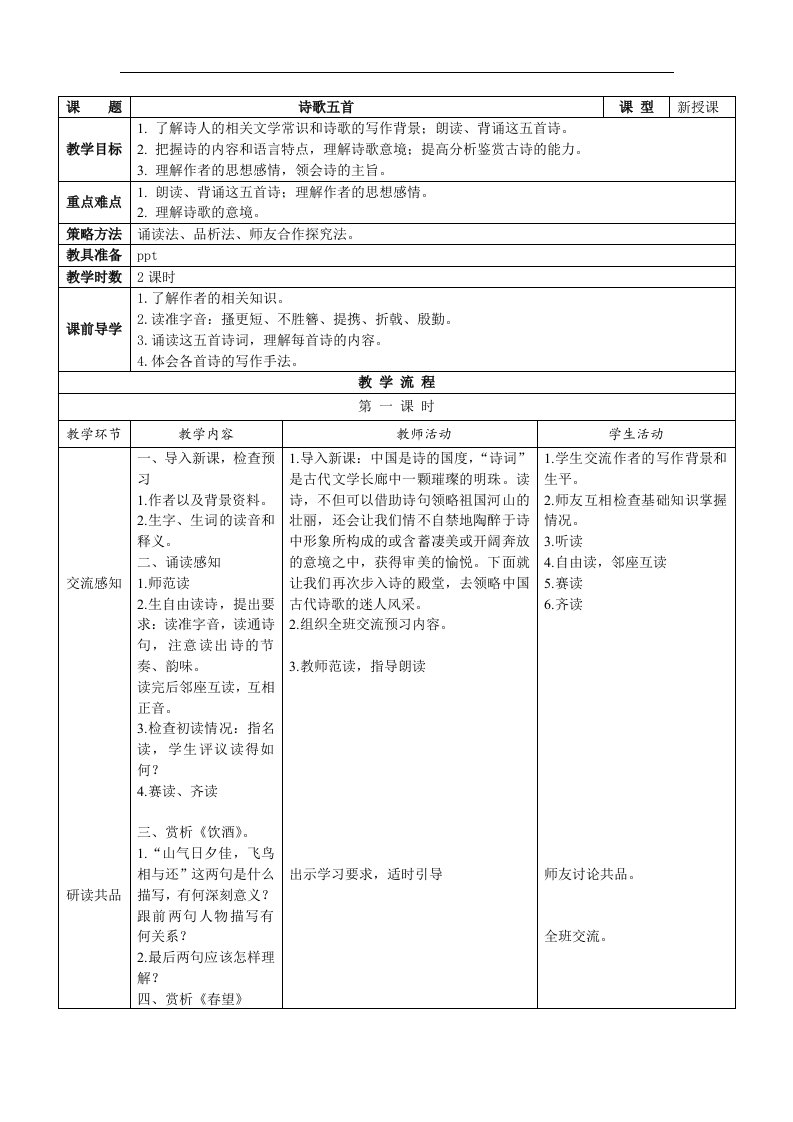 2017年秋人教版八上语文：第24课《诗词五首》互动式表格版教案