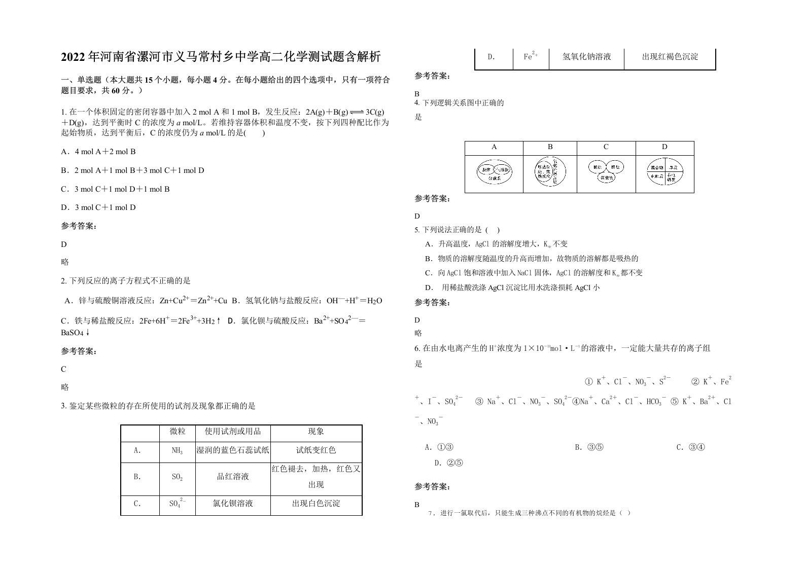 2022年河南省漯河市义马常村乡中学高二化学测试题含解析