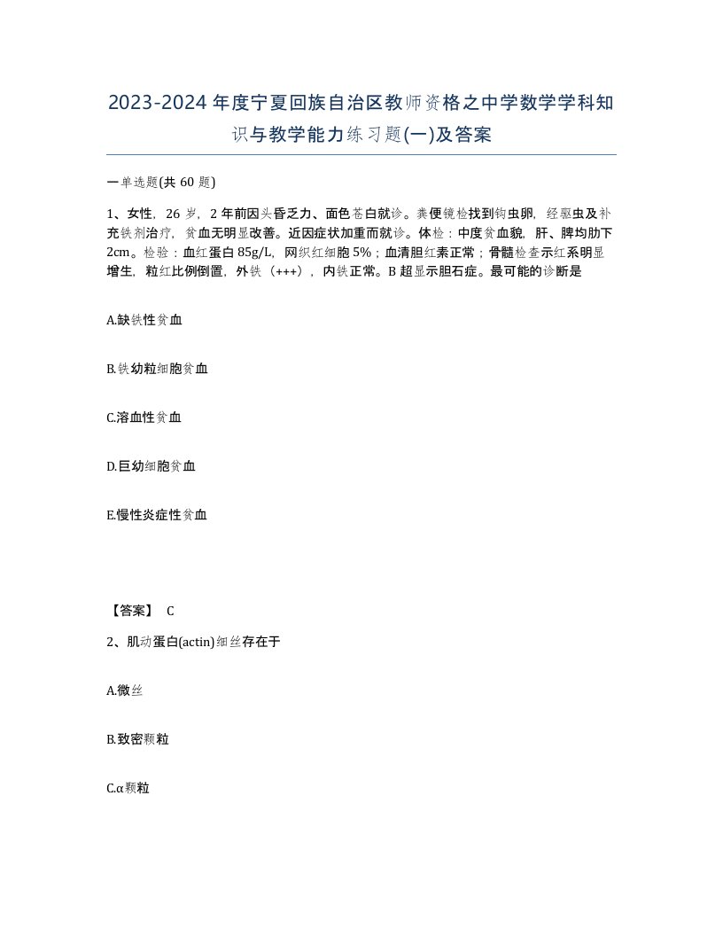 2023-2024年度宁夏回族自治区教师资格之中学数学学科知识与教学能力练习题一及答案