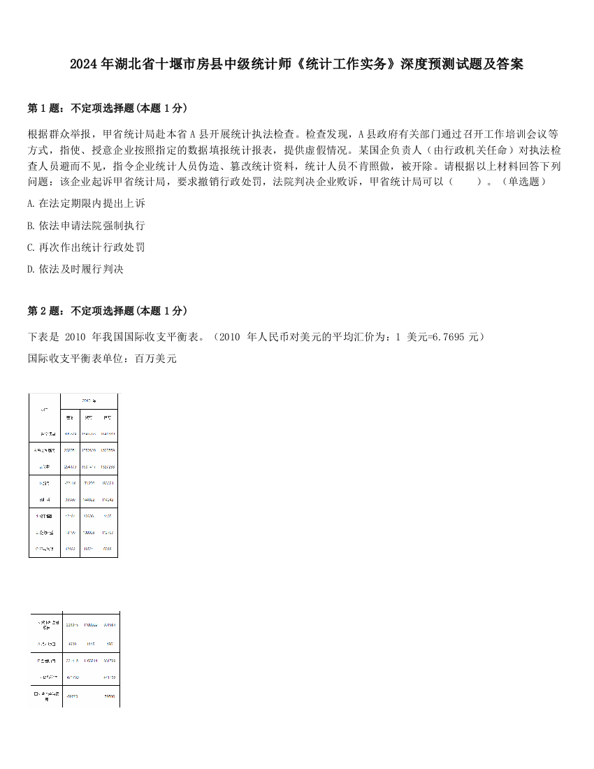 2024年湖北省十堰市房县中级统计师《统计工作实务》深度预测试题及答案