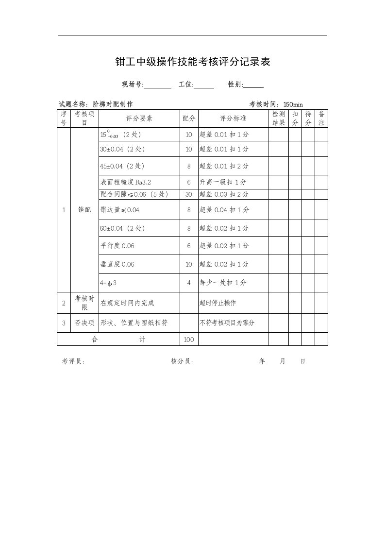 钳工中级操作技能考核评分记录表