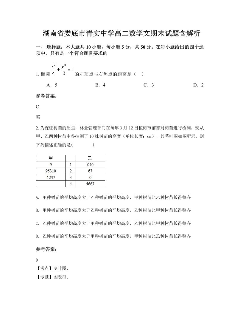 湖南省娄底市青实中学高二数学文期末试题含解析