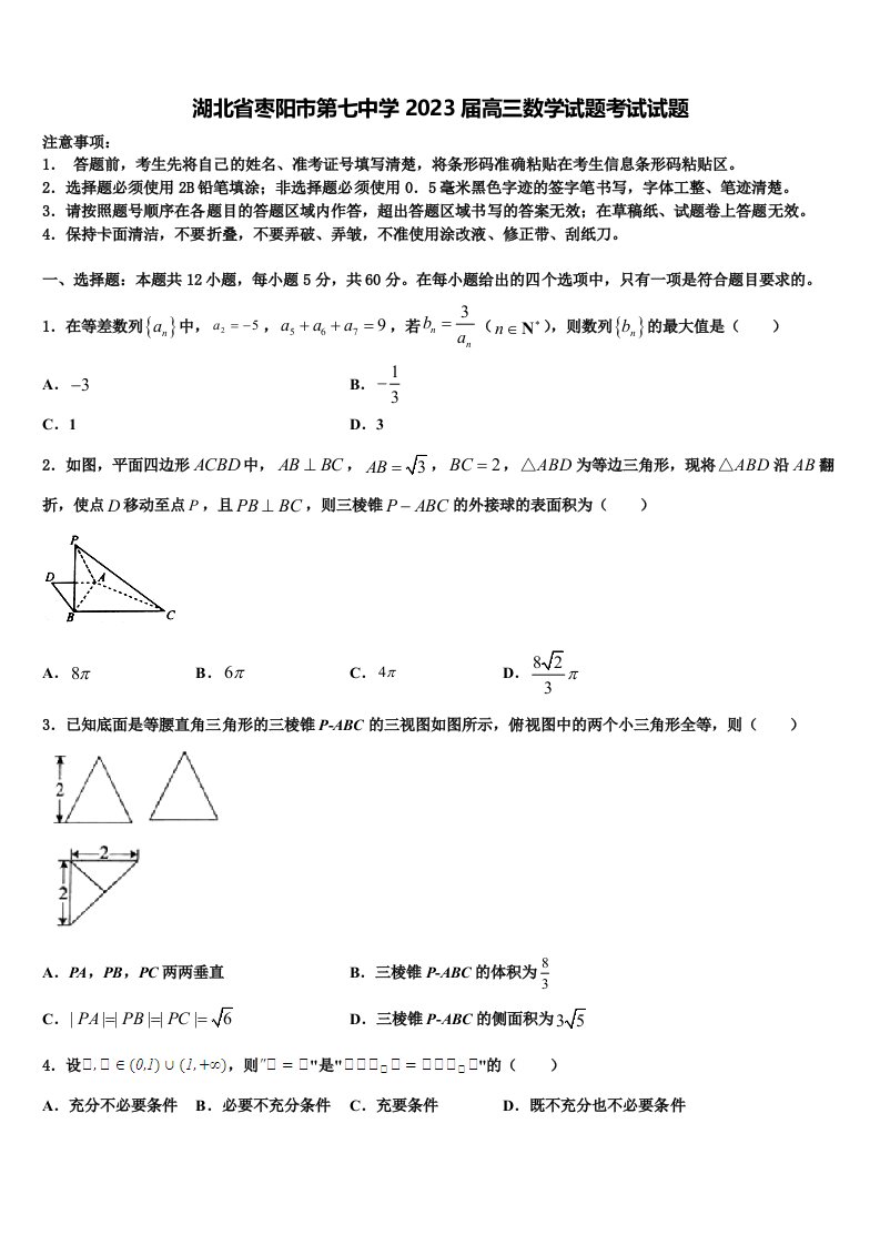 湖北省枣阳市第七中学2023届高三数学试题考试试题含解析