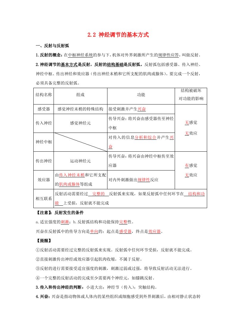 高中生物2.2神经调节的基本方式知识梳理新人教版选择性必修1