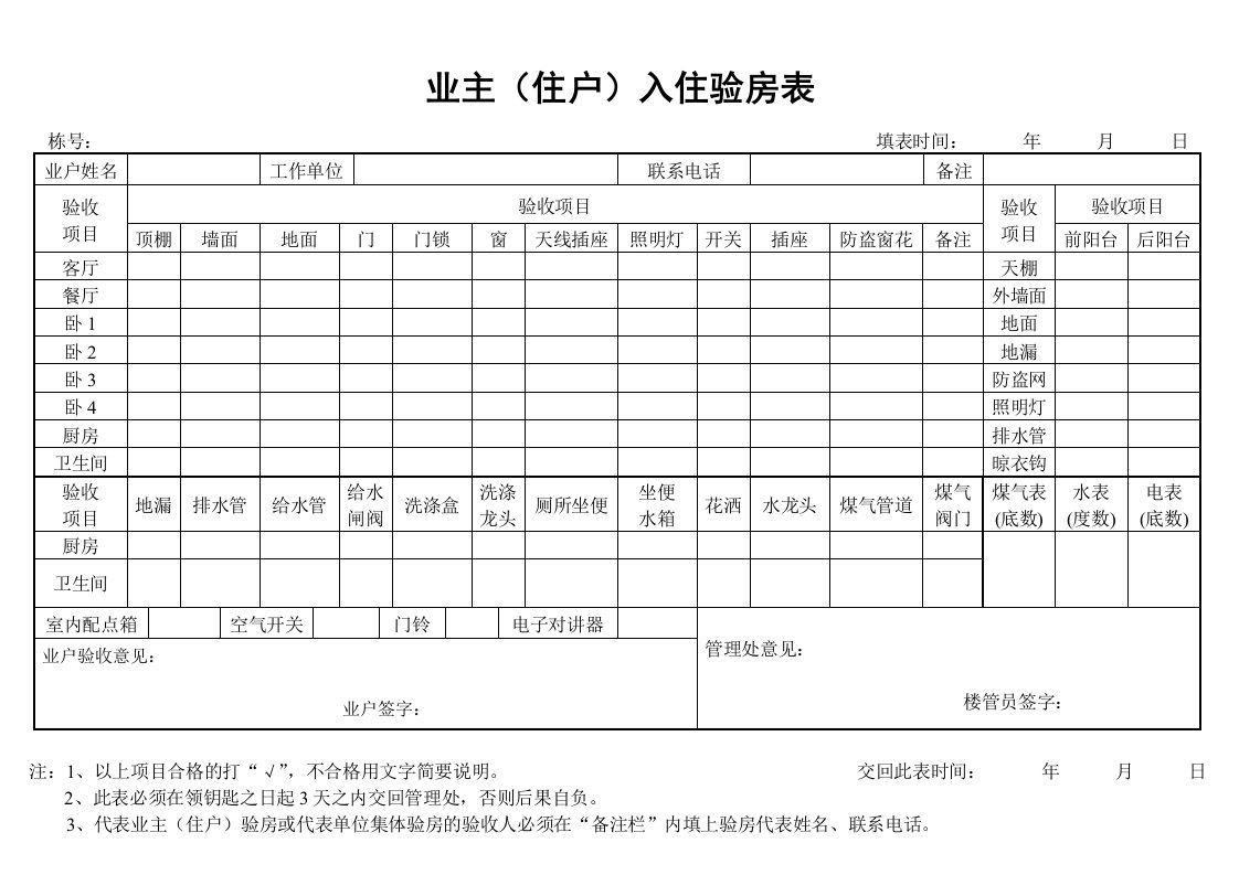 业主住户入住验房表