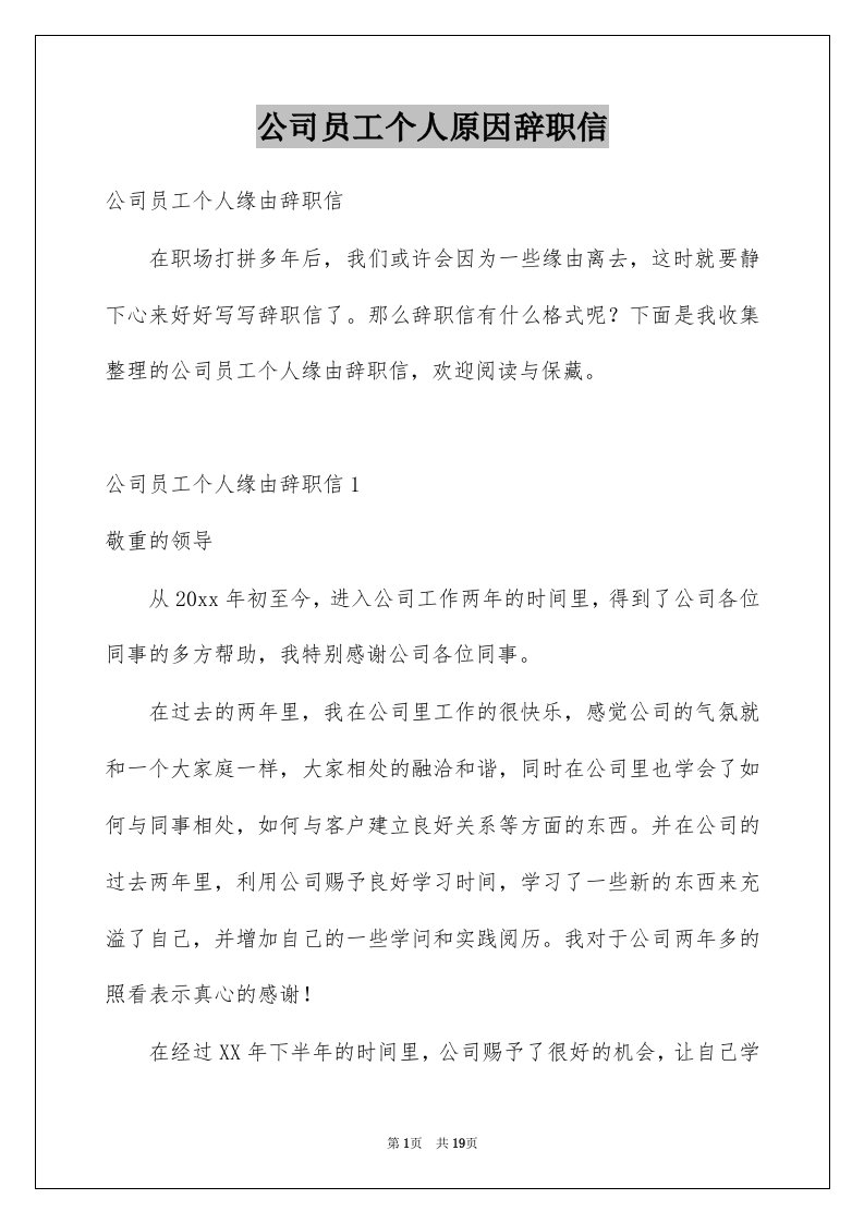 公司员工个人原因辞职信例文8