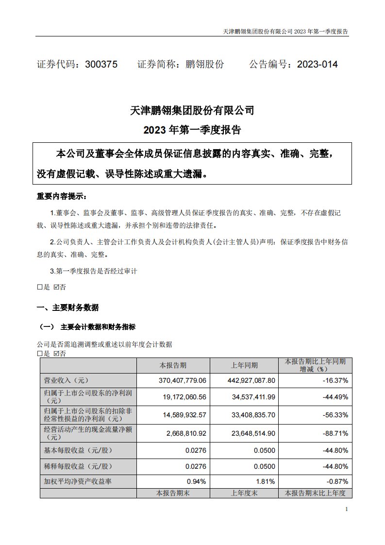 深交所-鹏翎股份：2023年一季度报告-20230426