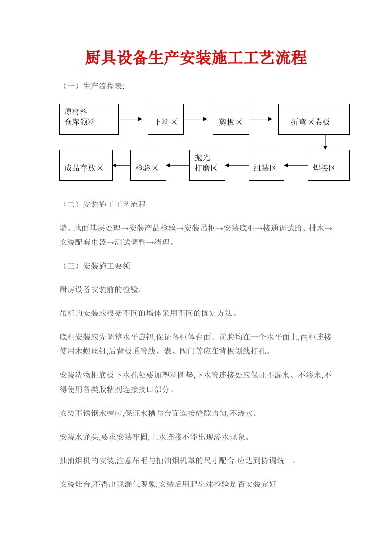 厨房设备生产施工工艺流程