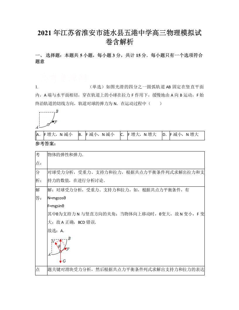 2021年江苏省淮安市涟水县五港中学高三物理模拟试卷含解析