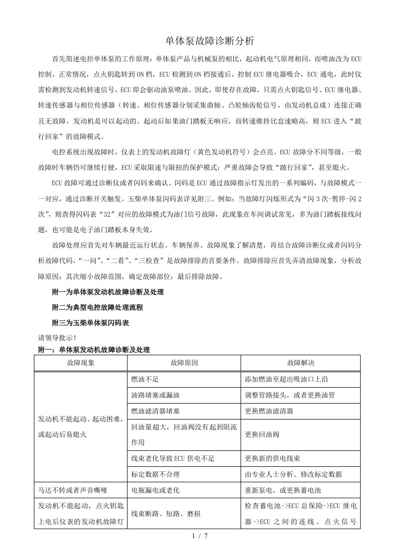 玉柴单体泵产品电控部分常见故障诊断