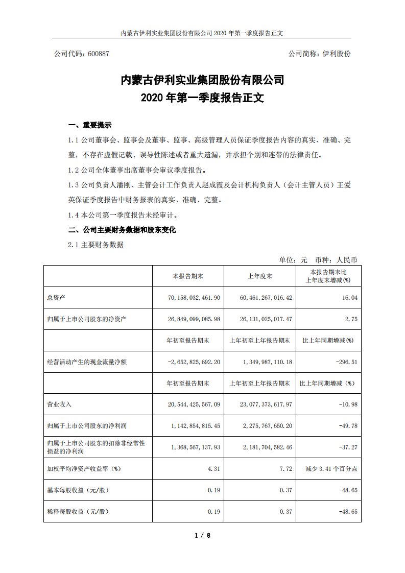 上交所-伊利股份2020年第一季度报告正文-20200428