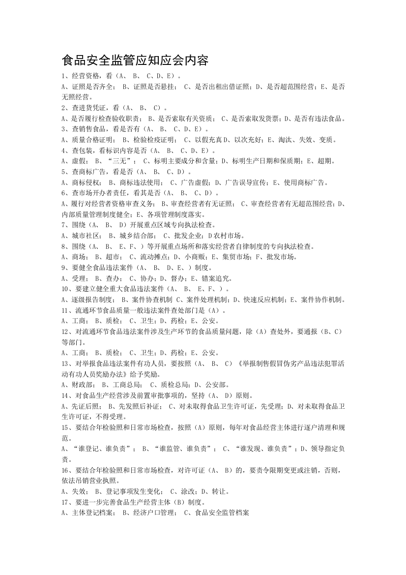 食品安全监管应知应会内容