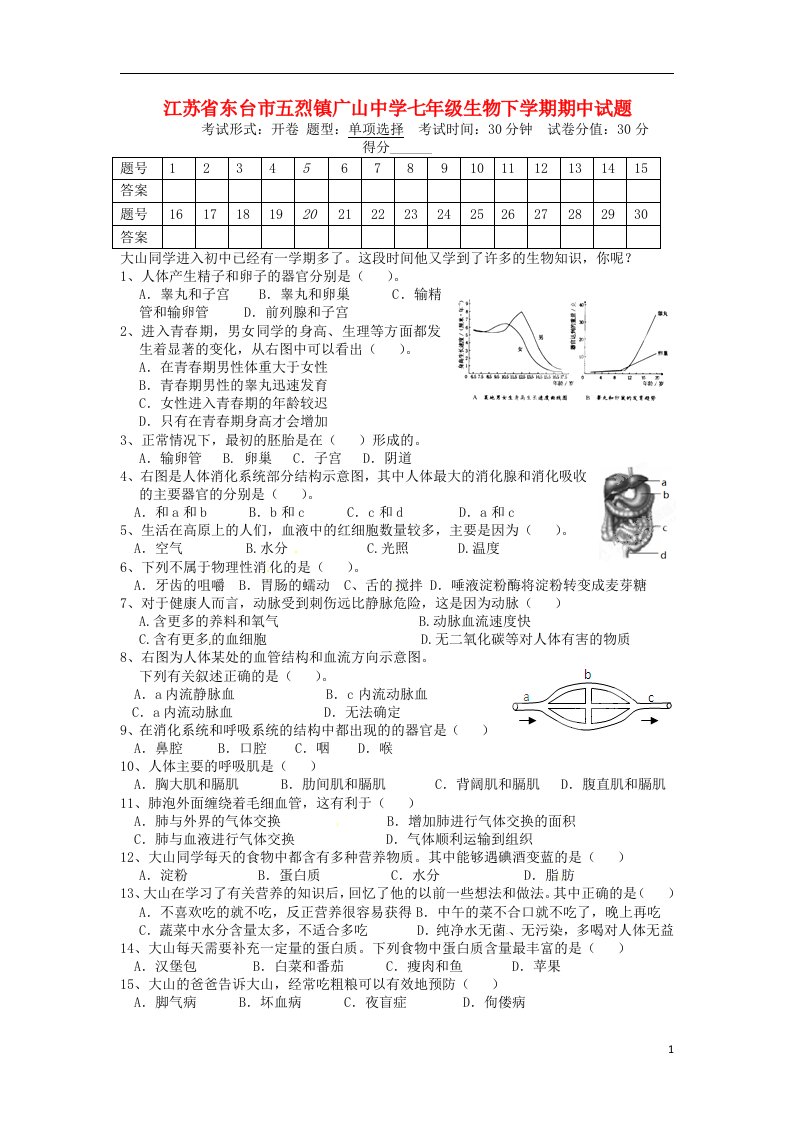 江苏省东台市五烈镇广山中学七级生物下学期期中试题