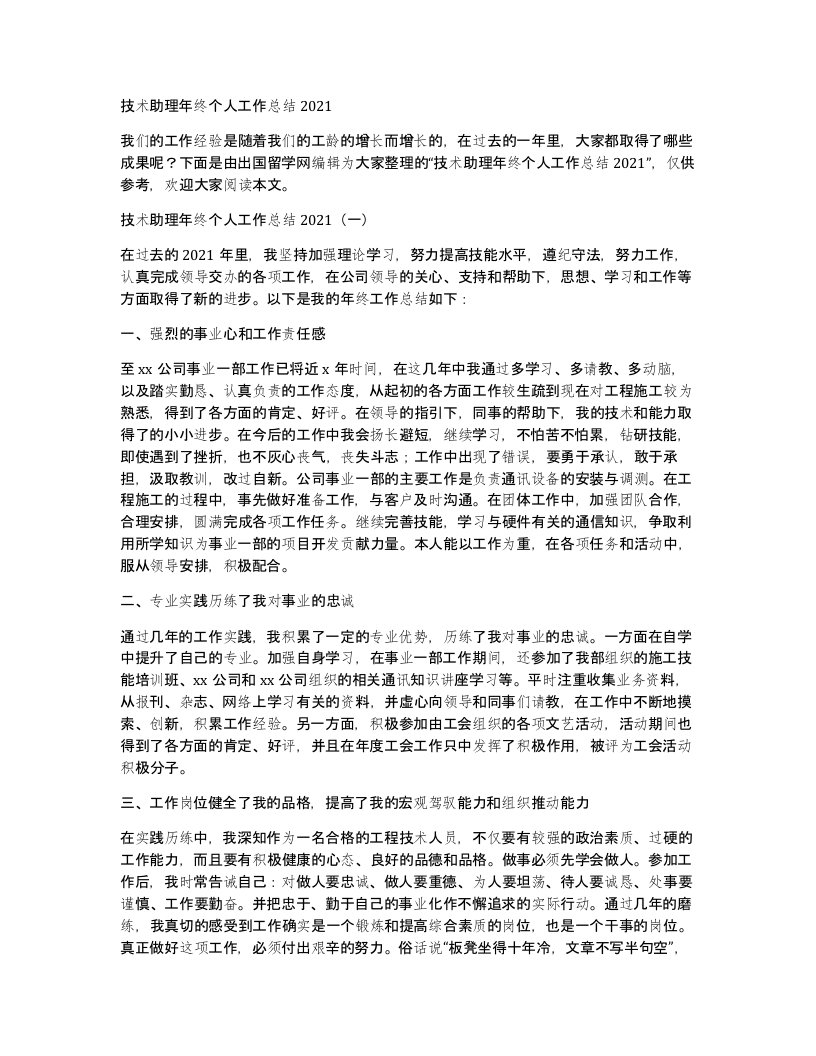 技术助理年终个人工作总结2021