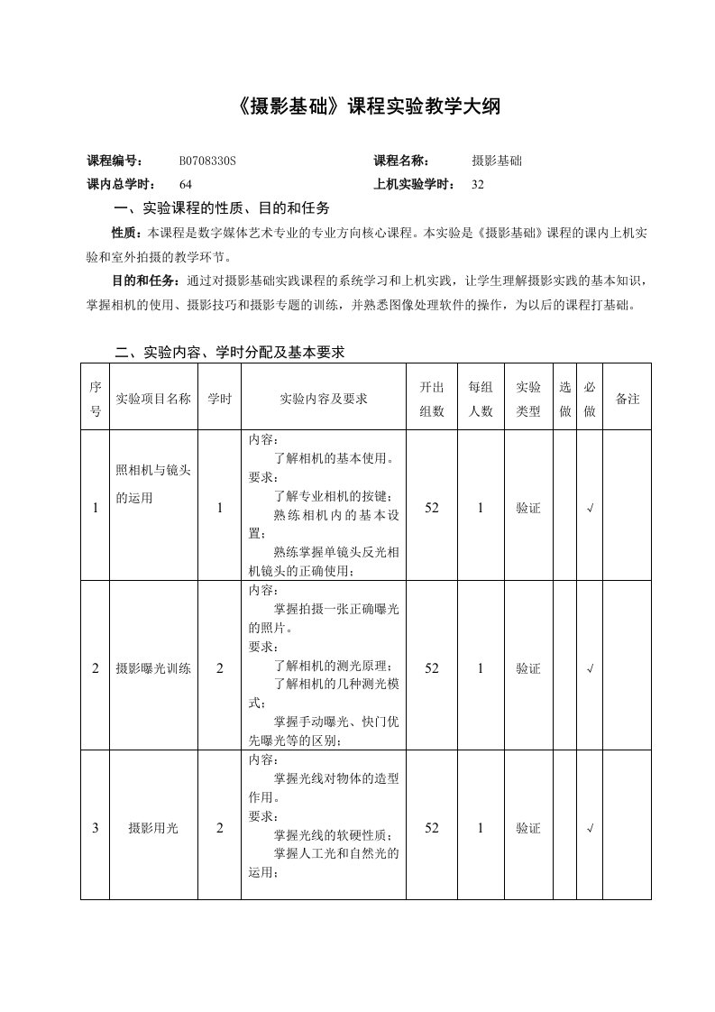 《摄影基础》课程实验教学大纲