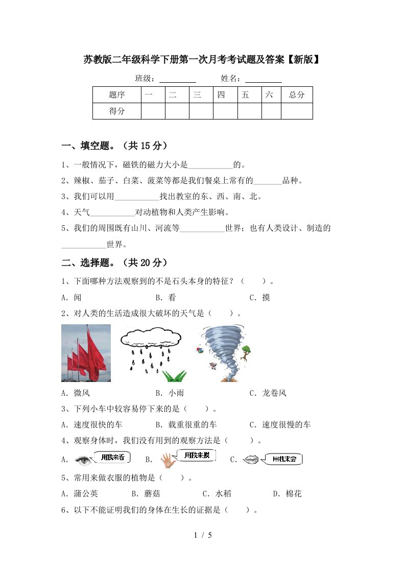 苏教版二年级科学下册第一次月考考试题及答案新版