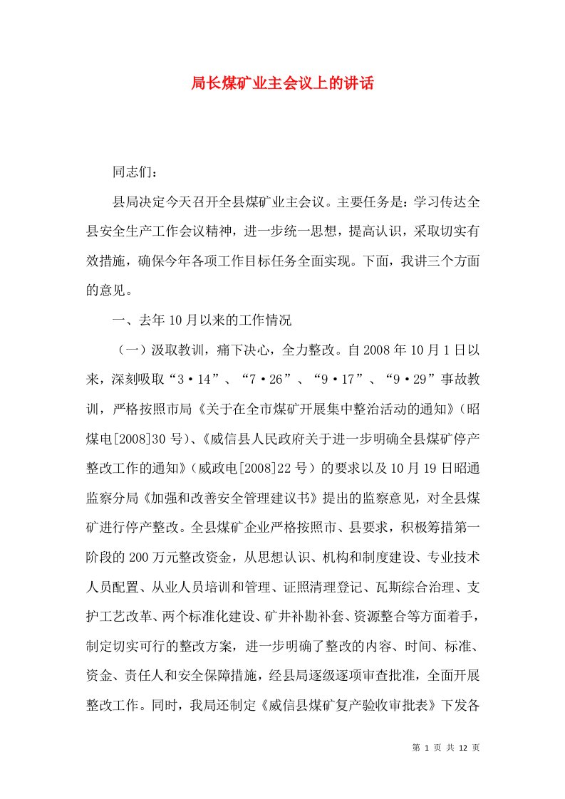 局长煤矿业主会议上的讲话