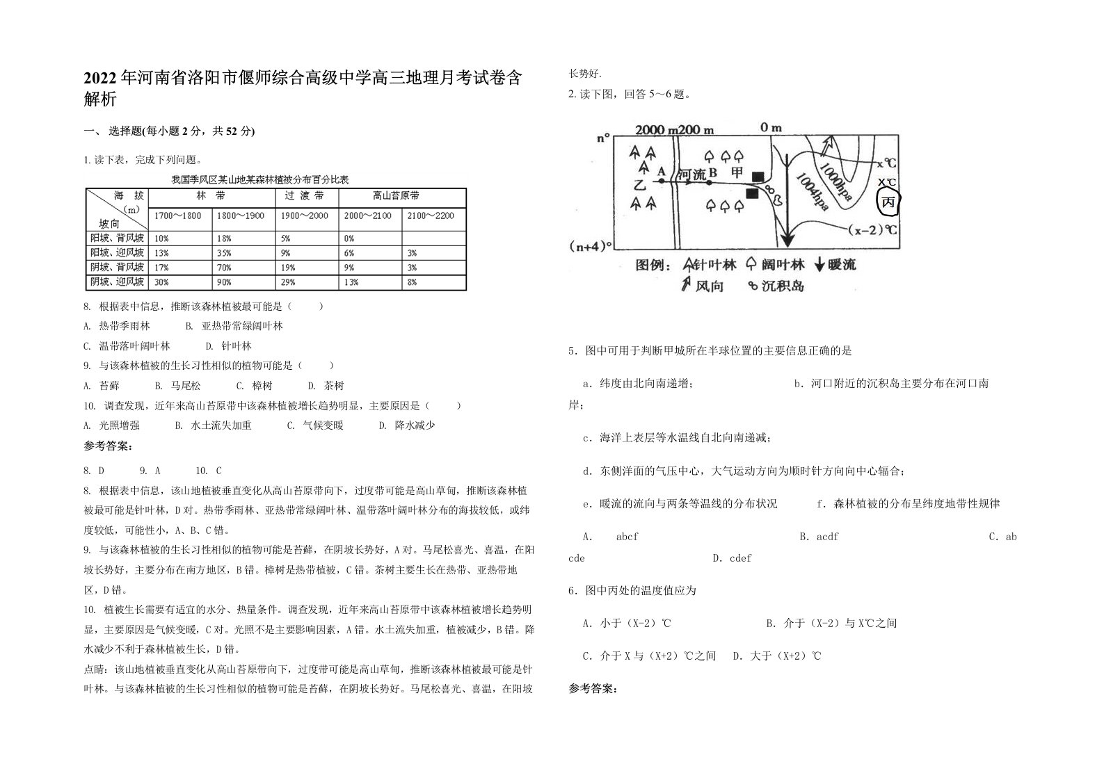 2022年河南省洛阳市偃师综合高级中学高三地理月考试卷含解析